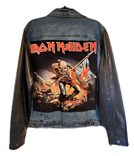 Mens denim Iron Maiden Metal jacket with faux leather sleeves- size Medium