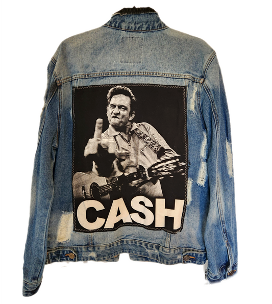 Mens reworked Johnny Cash distressed denim jacket- size Large