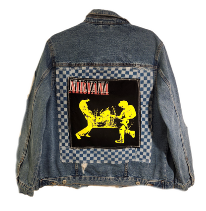 Gender Neutrel 90s grunge rock denim jacket- mens Med/ womens XL