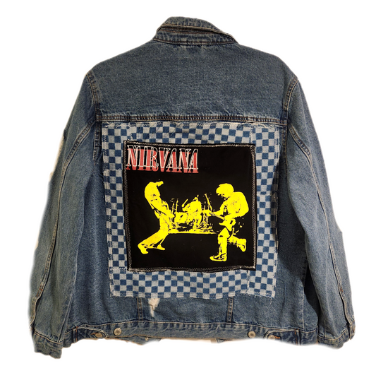 Gender Neutrel 90s grunge rock denim jacket- mens Med/ womens XL