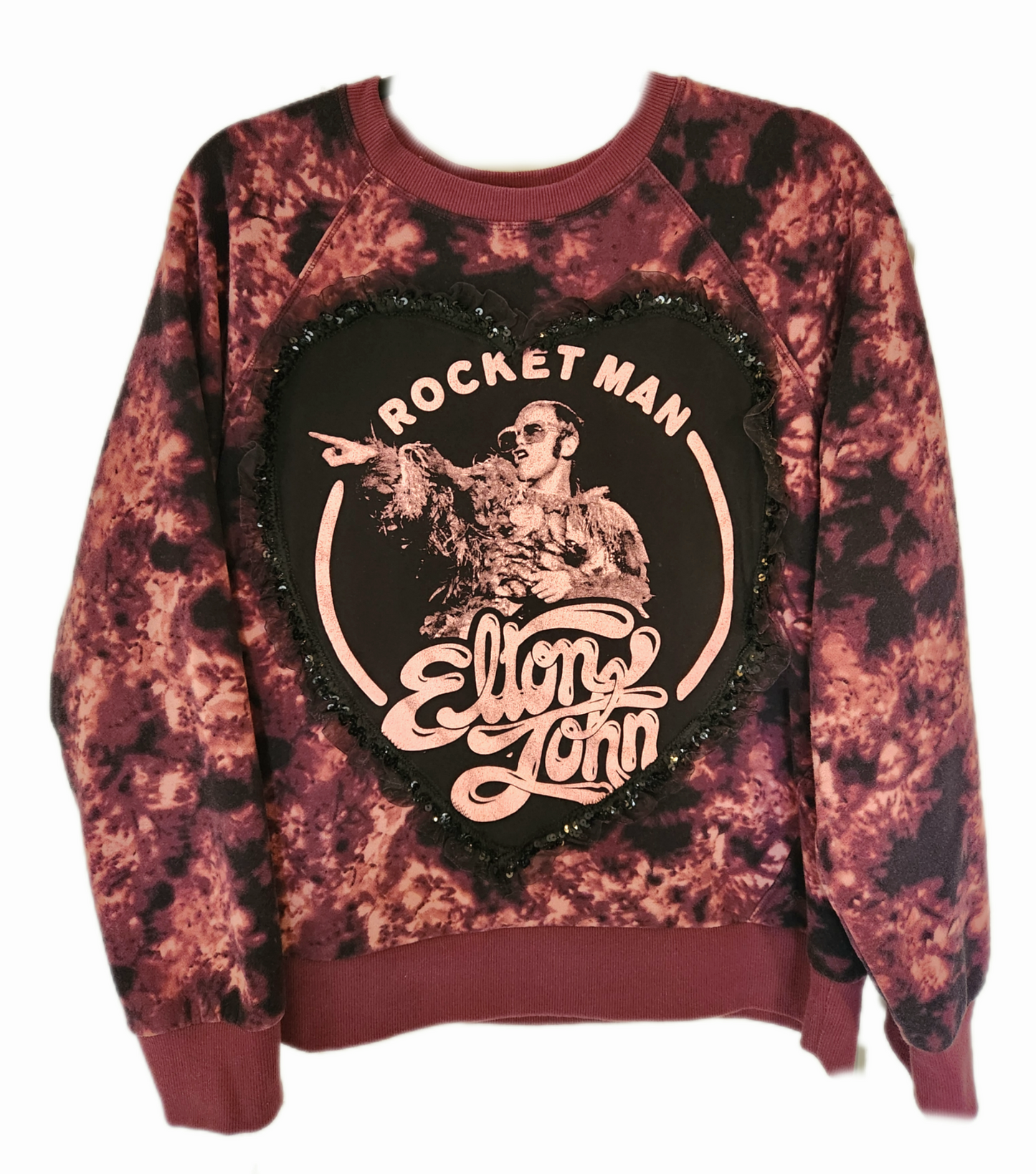 Womens reworked ROCK n roll sweater with Elton John lace heart- size XL