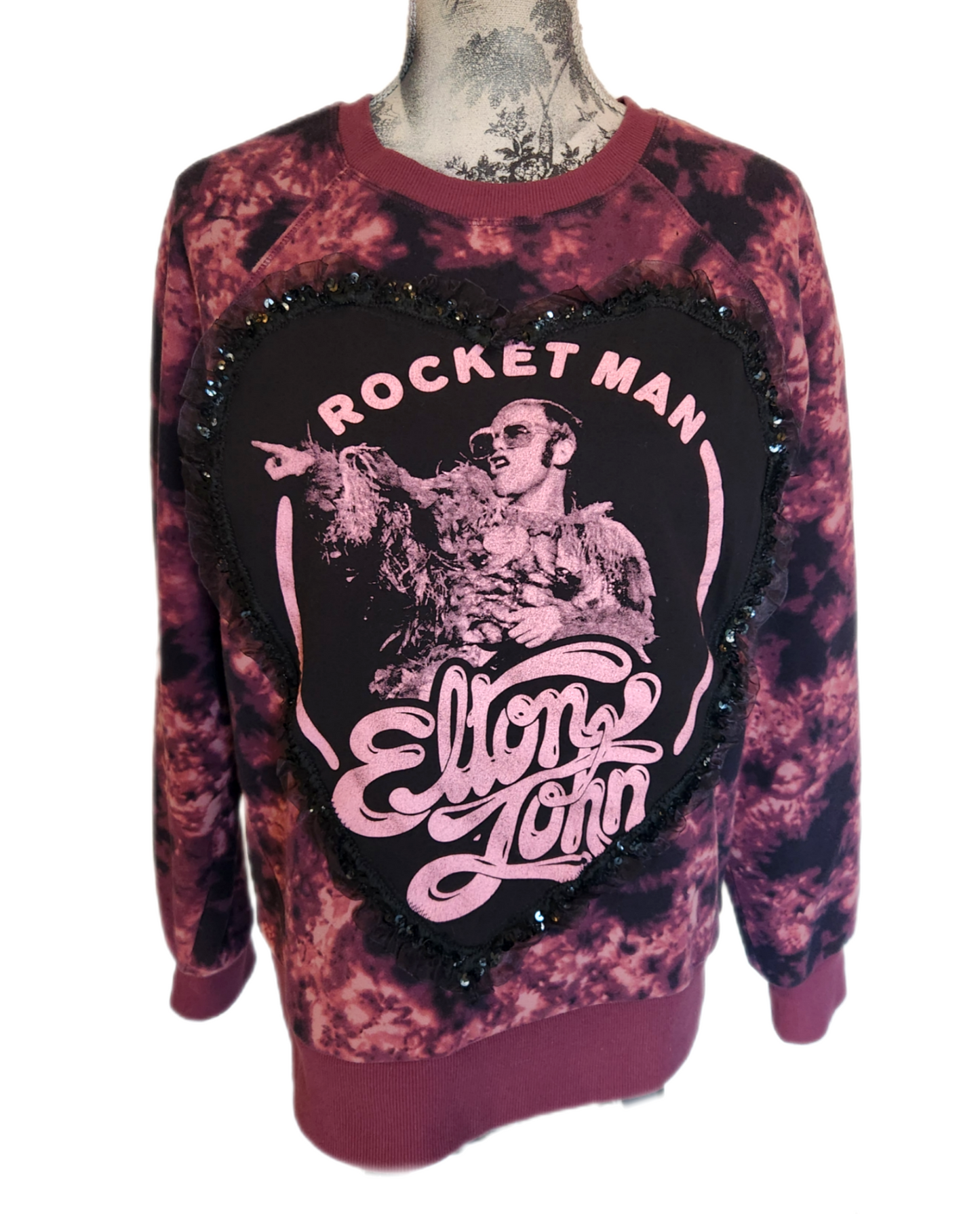 Womens reworked ROCK n roll sweater with Elton John lace heart- size XL