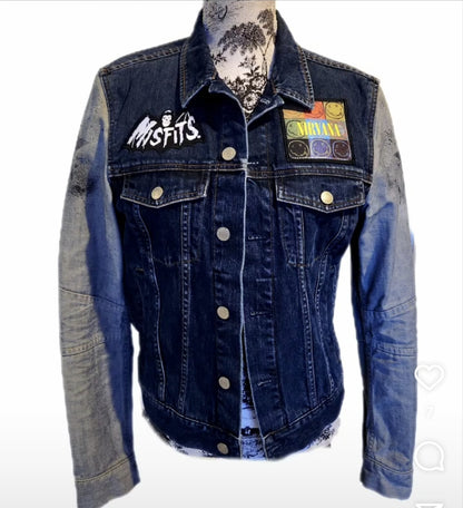 Gender neutrel Grunge rock denim jacket- Mens Small Womens Medium