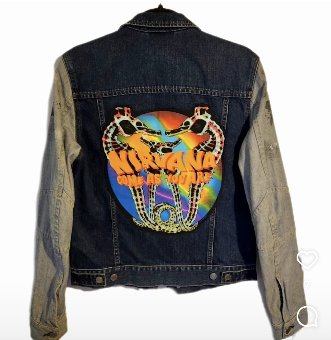 Gender neutrel Grunge rock denim jacket- Mens Small Womens Medium